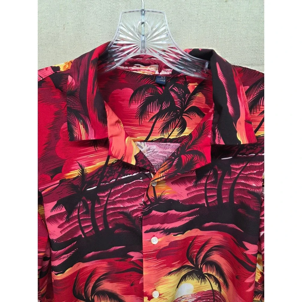 Tropical Sunset Palm Tree‎ Hibiscus Button Down Shirt Red Mens Large Tall L-T